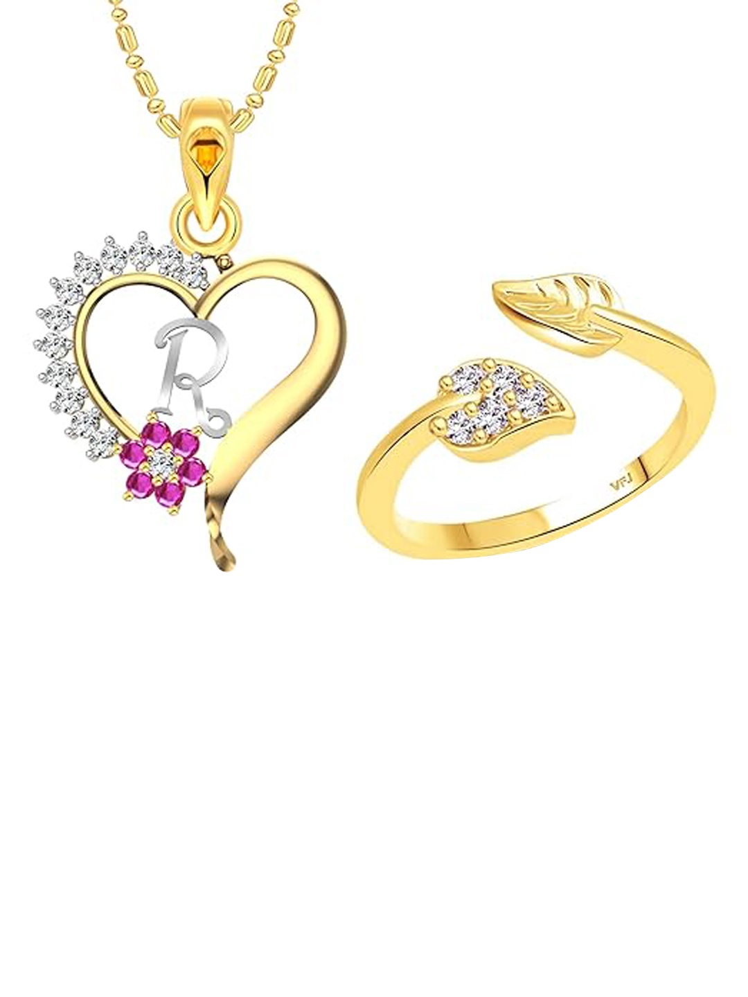 

Vighnaharta Gold-Plated CZ-Studded Pendant With Chain & Finger Ring Jewellery Set