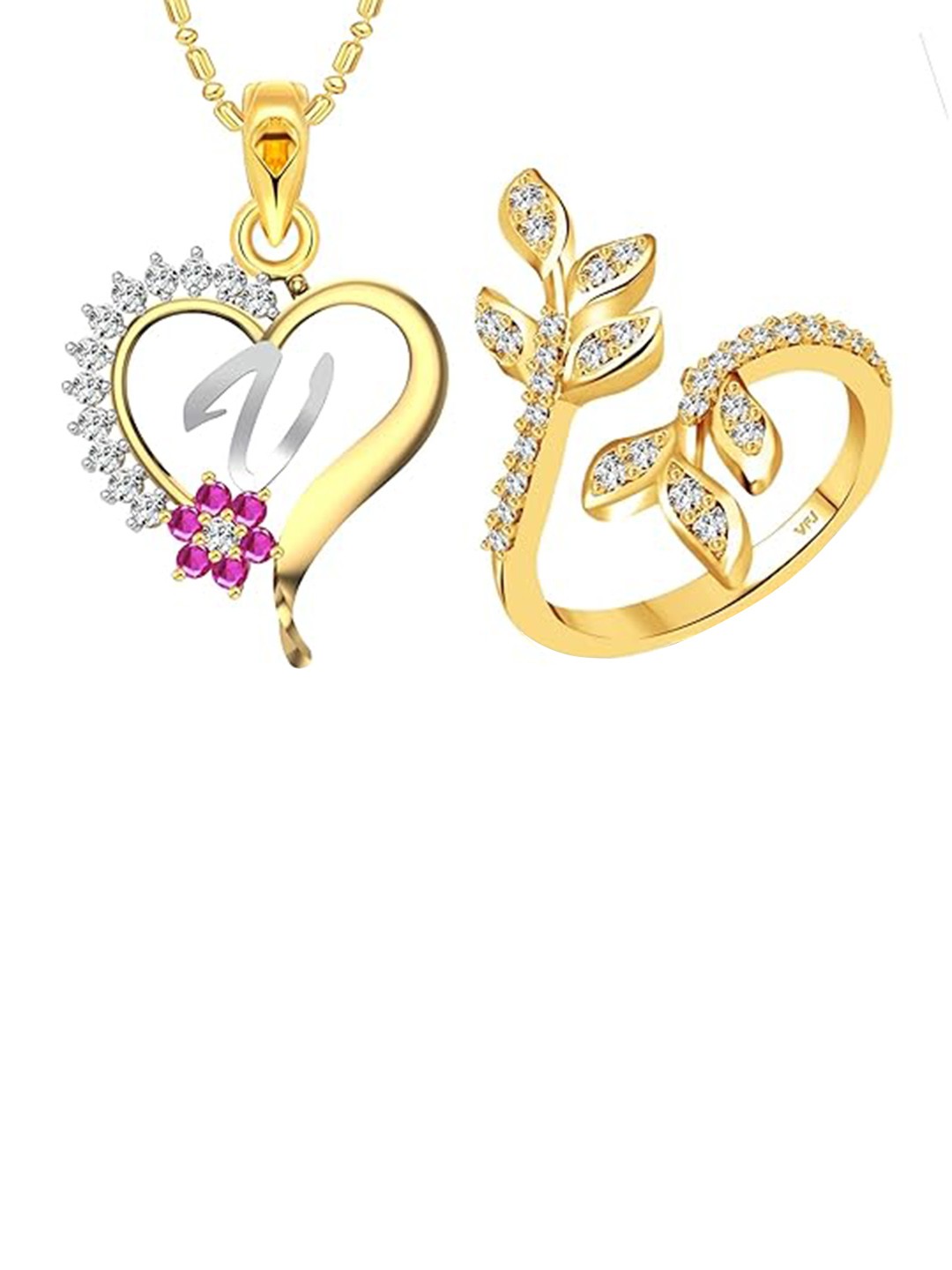 

Vighnaharta Gold-Plated CZ-Studded Pendant With Chain & Finger Ring Jewellery Set