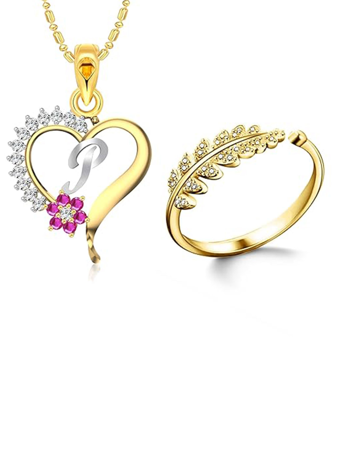 

Vighnaharta Gold-Plated CZ-Studded Pendant With Chain & Finger Ring Jewellery Set