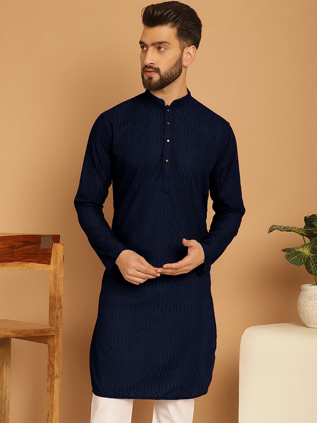 

TREEMODA Geometric Mandarin Collar Kurta, Blue