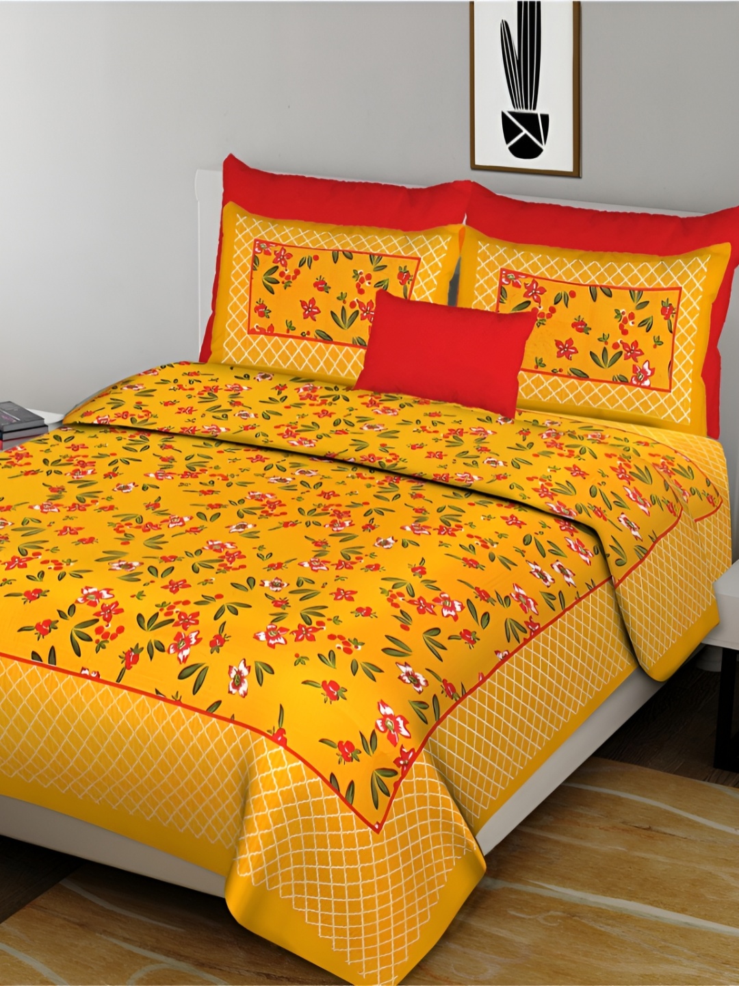 

Sohibe Printed Yellow & Pink Printed Cotton Bedcover With 2 Pillow Set
