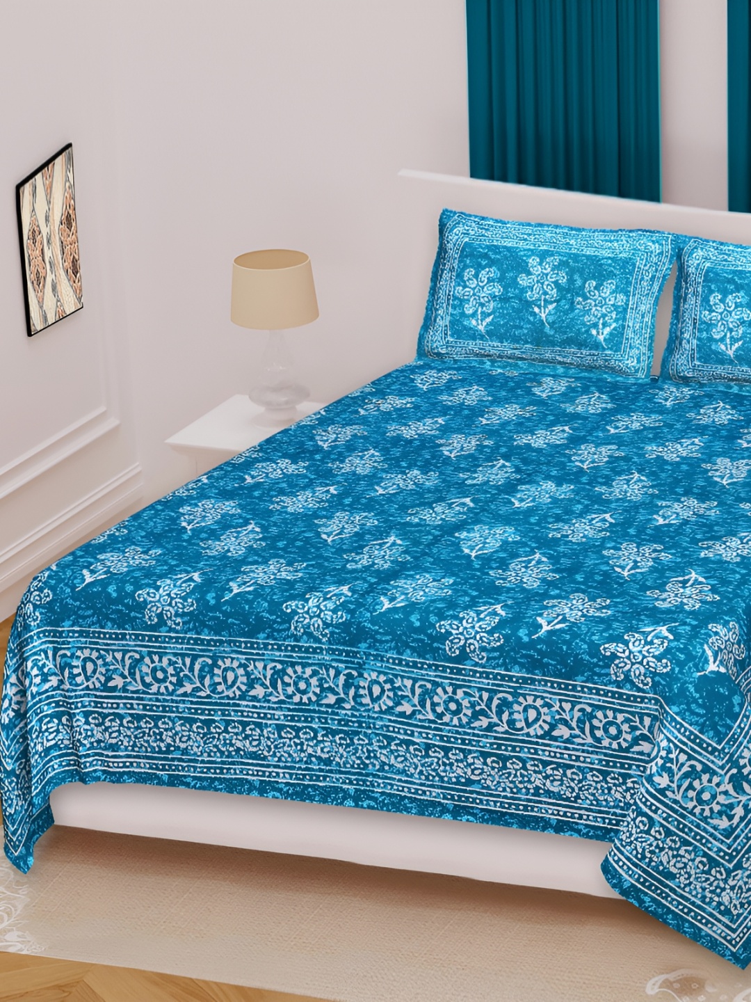 

Sohibe Blue & White Printed Pure Cotton Bedcover With 2 Pillow Set
