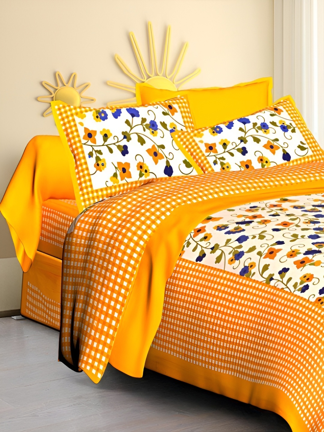 

Sohibe Yellow Floral 250 TC Pure Cotton Double Bed Cover with Pillow Cover
