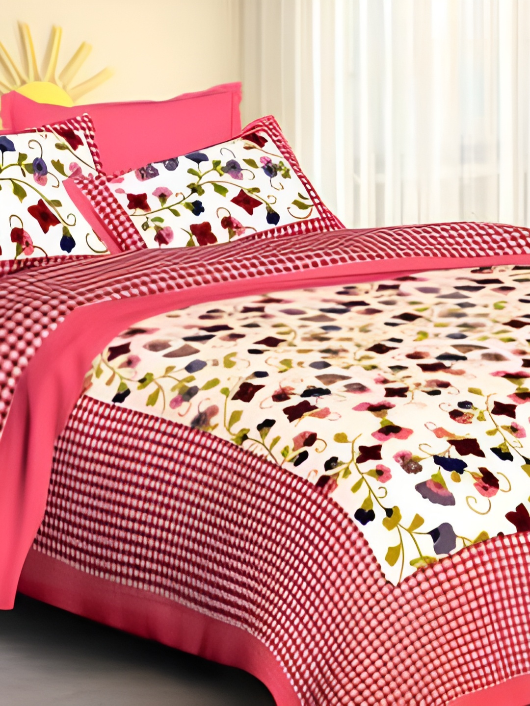 

Sohibe Printed Red & Cream Printed Cotton Bedcover With 2 Pillow Set