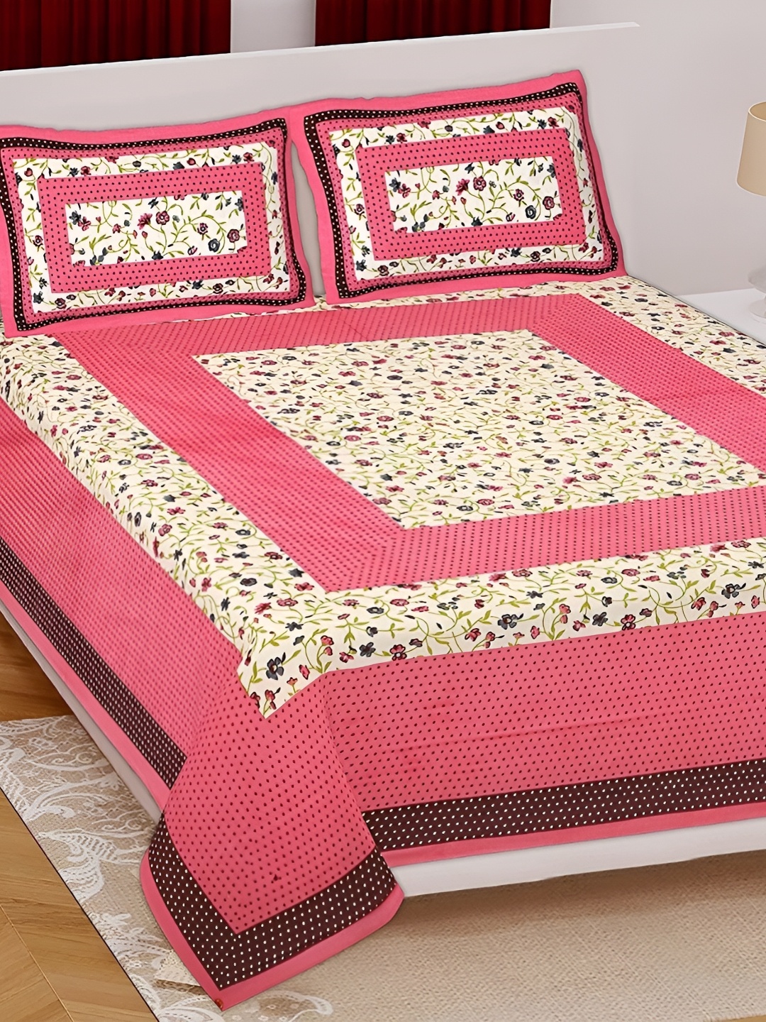 

Sohibe Pink Printed 250 TC Pure Cotton Double King Bedding Set