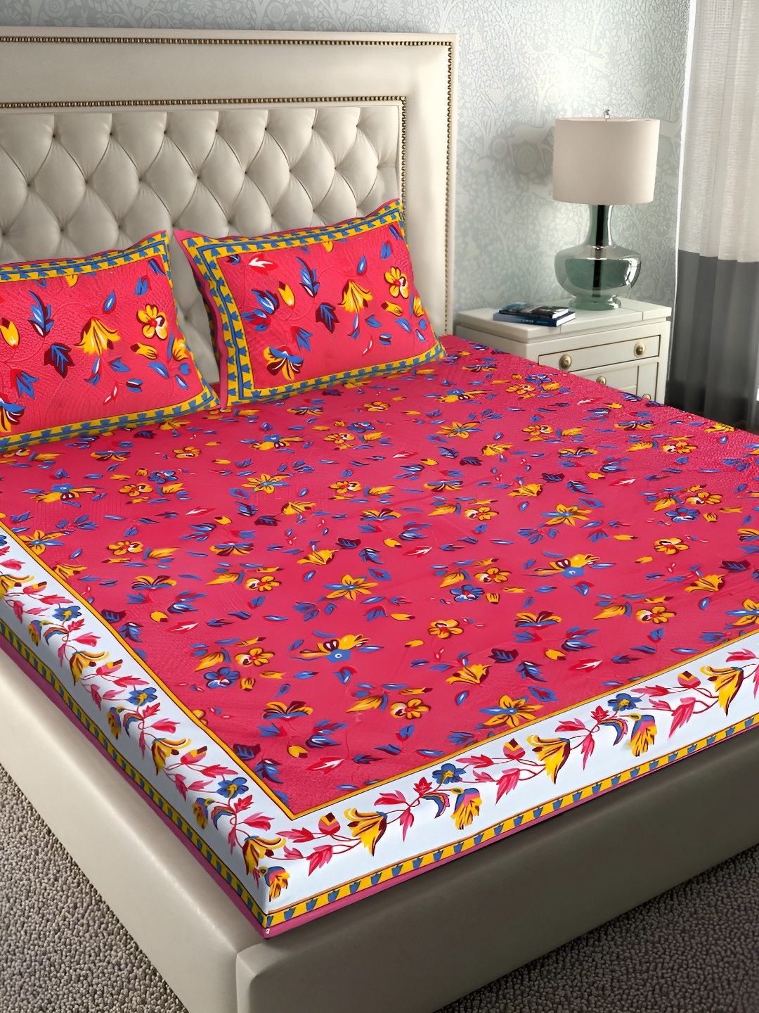 

Sohibe Pink Printed 180 TC Pure Cotton Double King Bedding Set