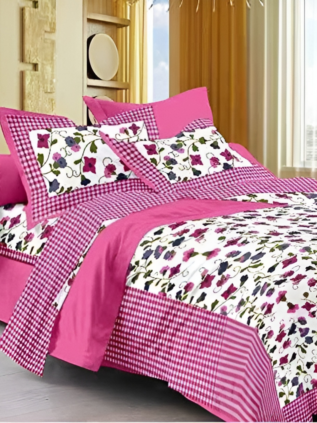 

Sohibe Pink Printed Pure Cotton Double Bed Cover with Pillow Cover