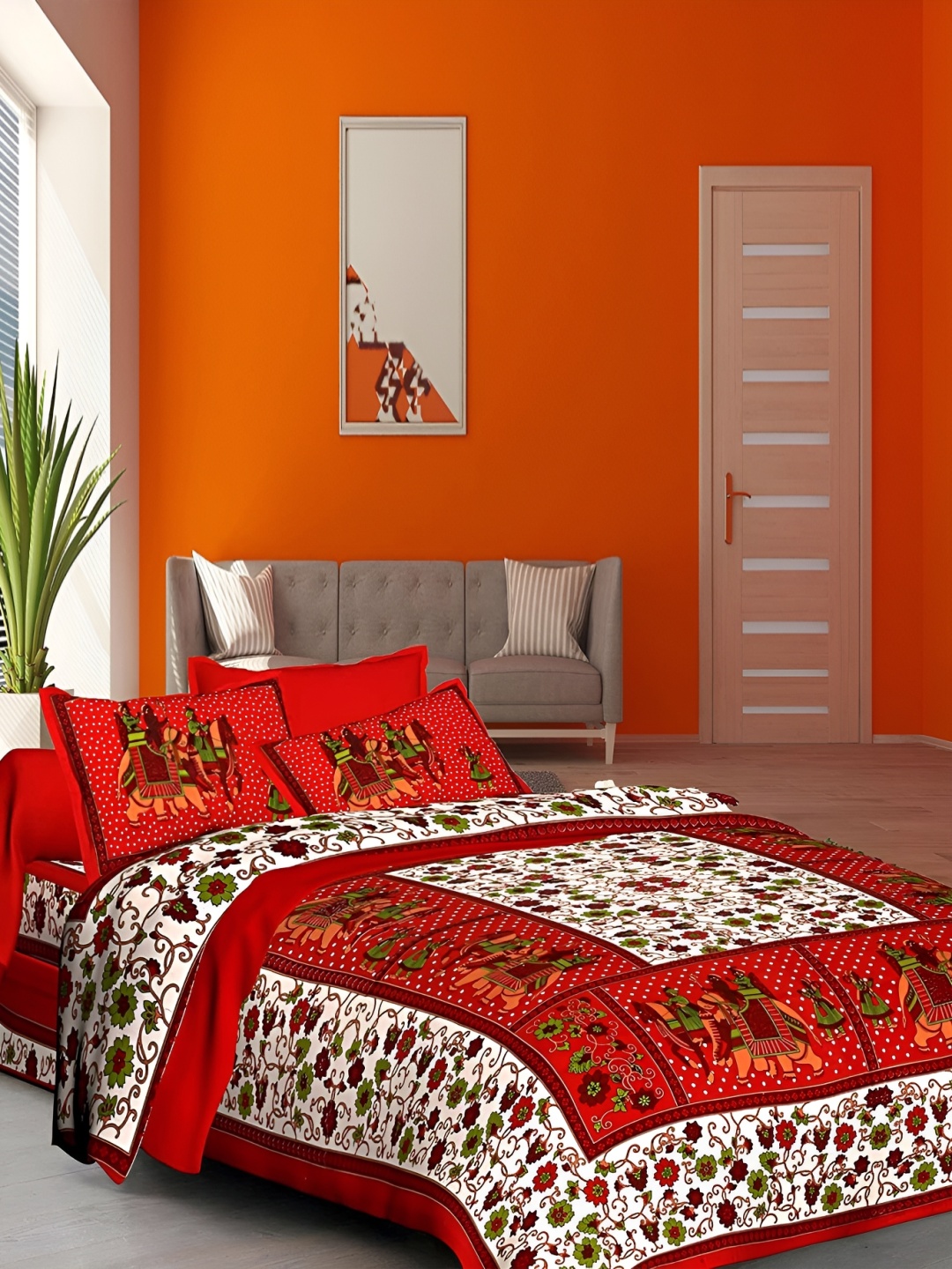 

Sohibe Red Printed 250 TC Pure Cotton Double King Bedding Set