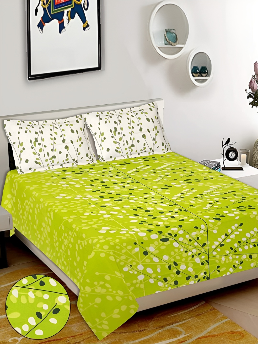 

Sohibe Green & White Printed Pure Cotton Bedcover With 2 Pillow Set