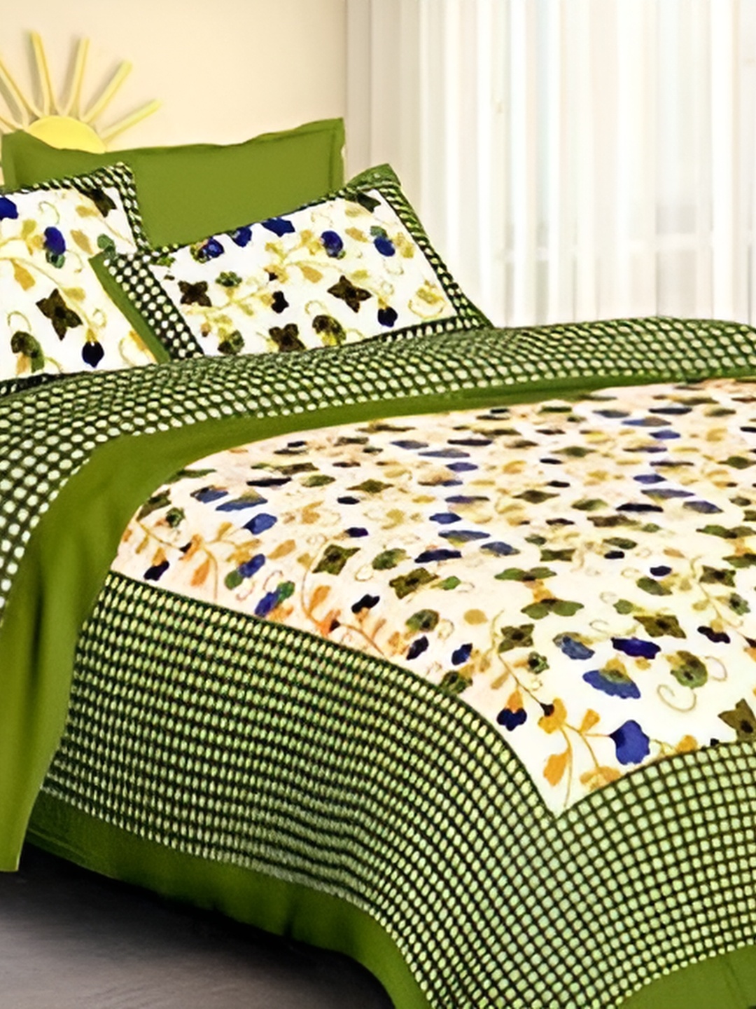 

Sohibe Green Printed Pure Cotton Double Bed Cover with Pillow Cover