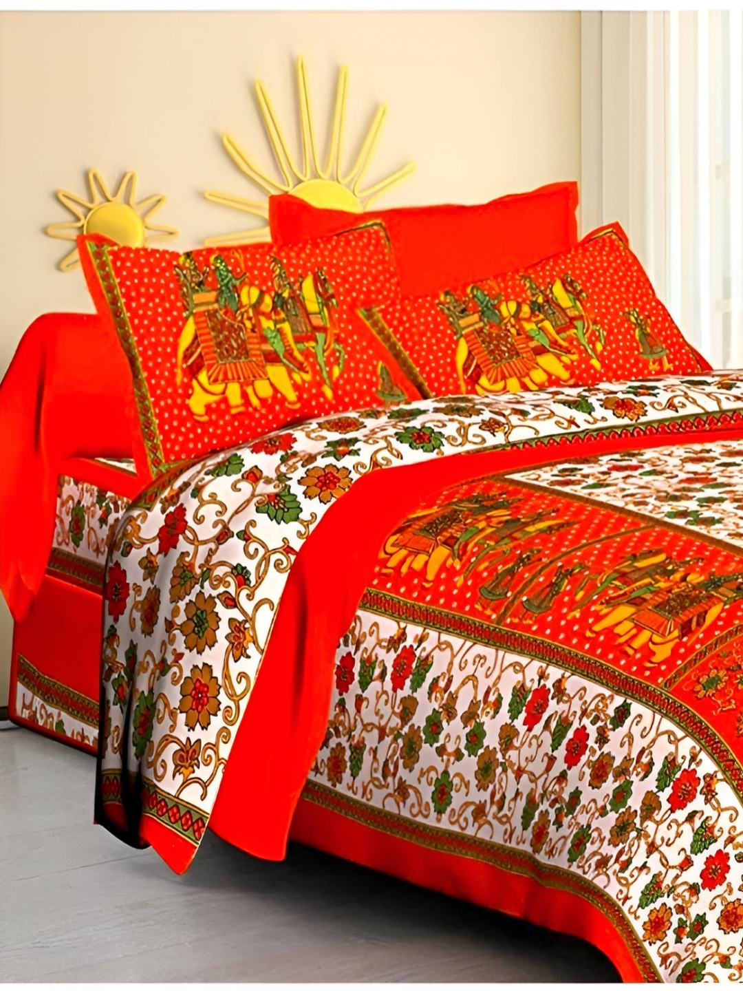

Sohibe Orange Colored Printed Pure Cotton Double Bed Cover with Pillow Cover