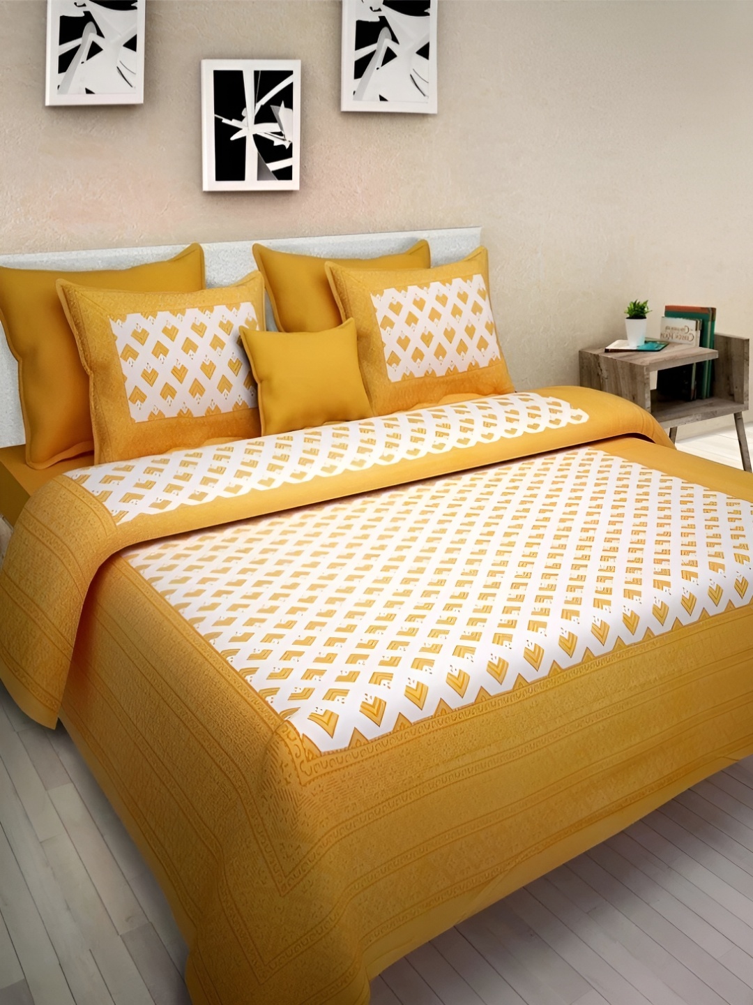 

Sohibe Yellow & White Printed Pure Cotton Bedcover With 2 Pillow Set