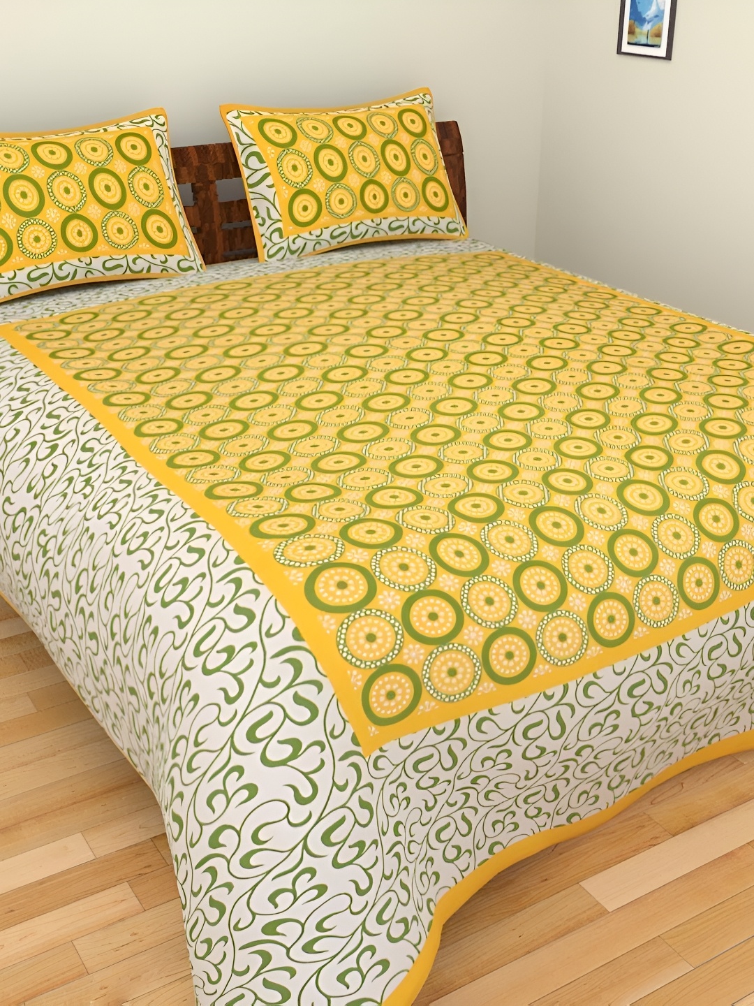 

Sohibe Yellow & Green Printed Pure Cotton Bedcover With 2 Pillow Set