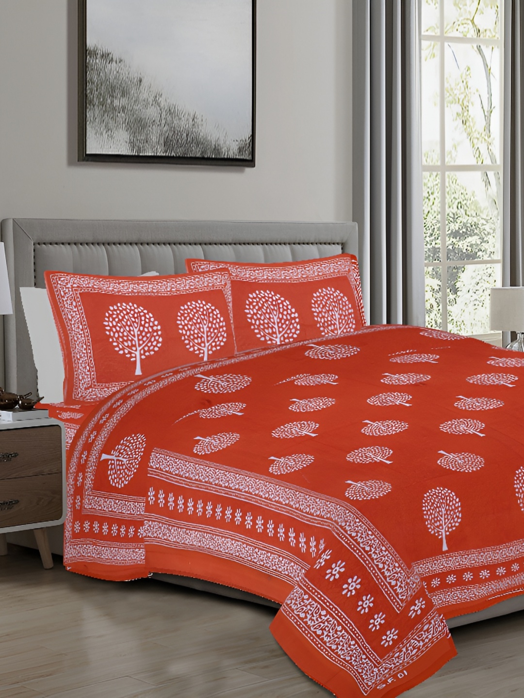 

Sohibe Orange & White Printed Pure Cotton Bedcover With 2 Pillow Set