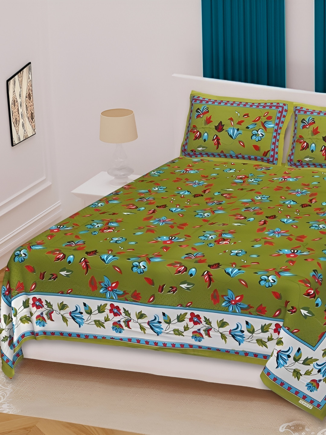 

Sohibe Green Printed Pure Cotton Double Bed Cover with Pillow Cover