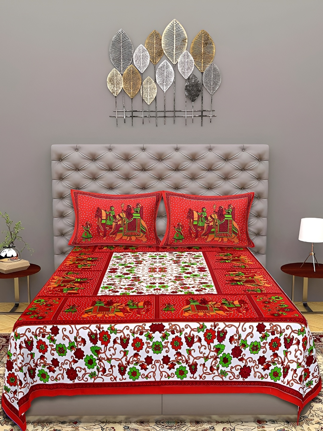

Sohibe Red Printed Pure Cotton Double Bed Cover with Pillow Cover
