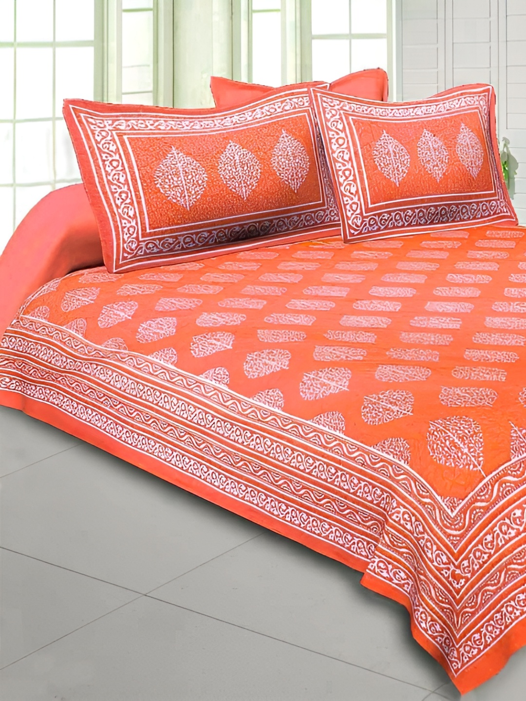 

Sohibe Orange Colored Printed Pure Cotton Double Bed Cover with Pillow Cover