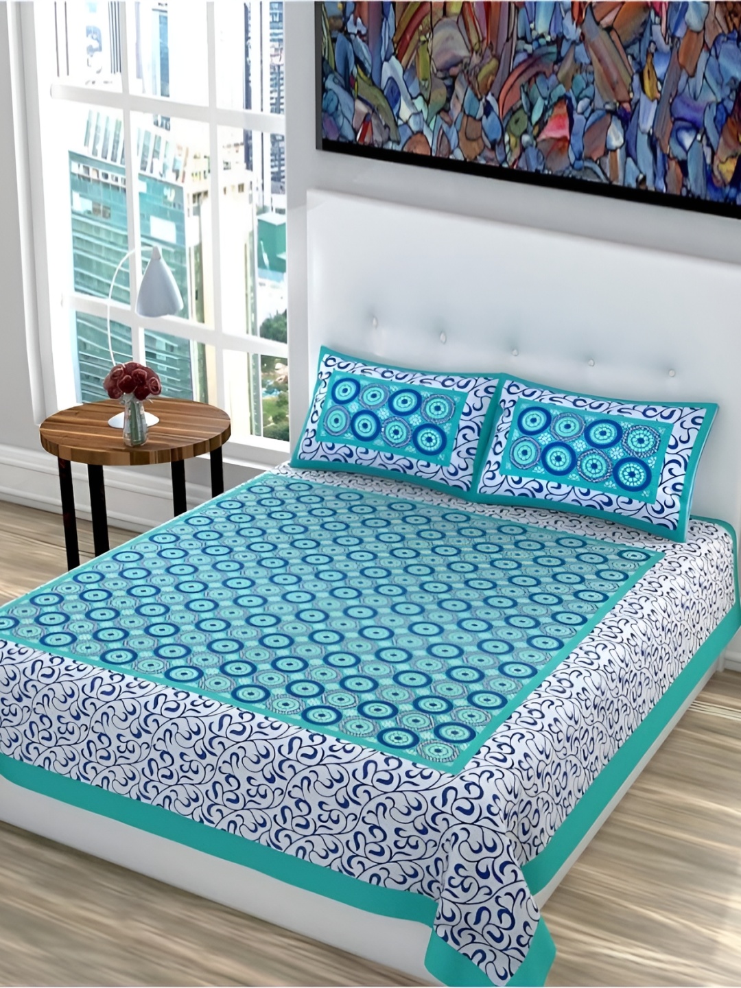 

Sohibe Blue Printed Pure Cotton Double Bed Cover with Pillow Cover