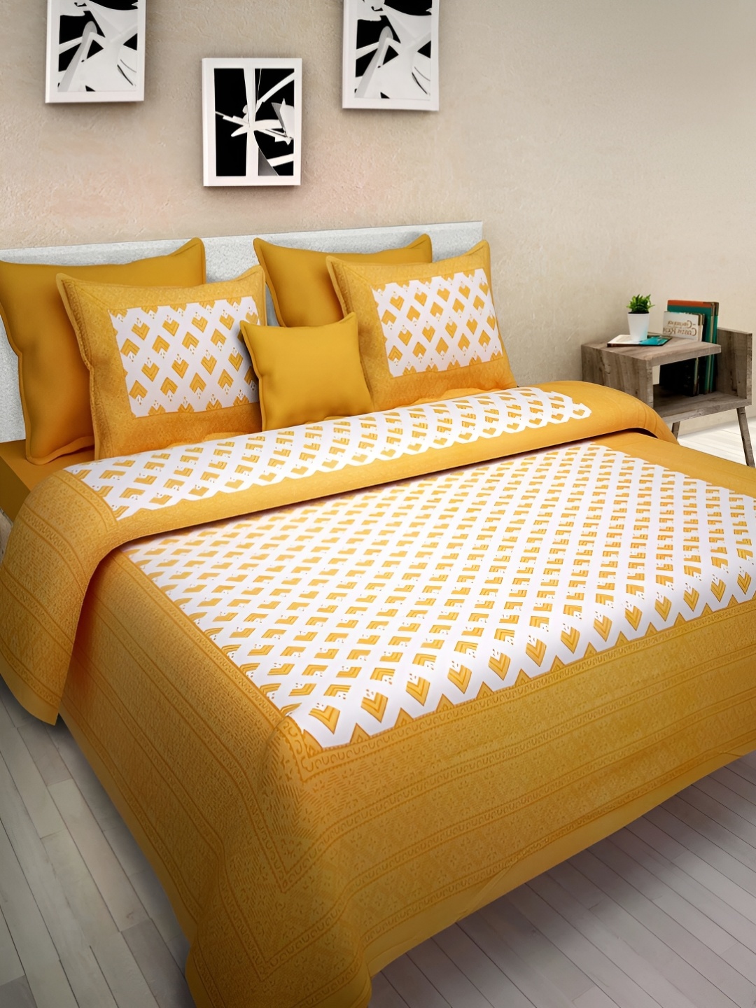

Sohibe Yellow Printed Pure Cotton Double Bed Cover with Pillow Cover