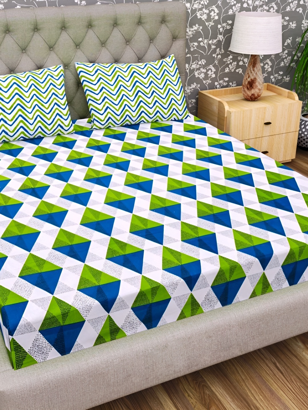

Sohibe Green Printed Pure Cotton Double Bed Cover with Pillow Cover