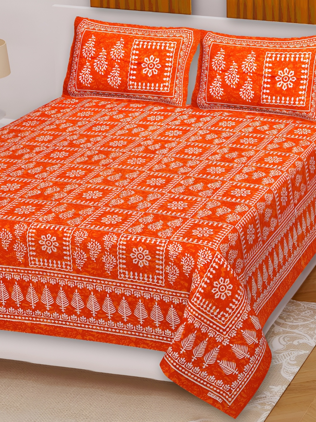 

Sohibe Orange Colored & White Printed Pure Cotton Bedcover With 2 Pillow Set