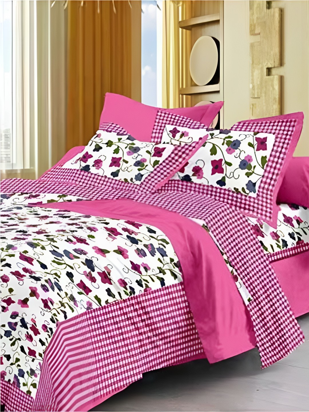 

Sohibe Pink Printed Pure Cotton Double Bed Cover with Pillow Cover