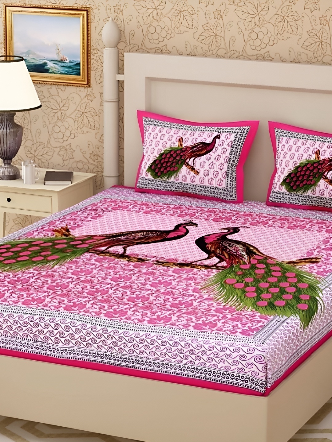 

Sohibe Pink Printed 180 TC Pure Cotton Double King Bedding Set