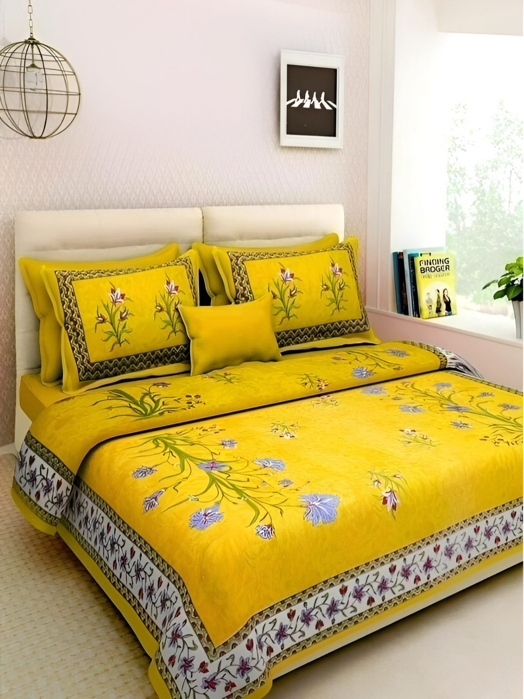 

Sohibe Yellow Printed Pure Cotton Double Bed Cover with Pillow Cover