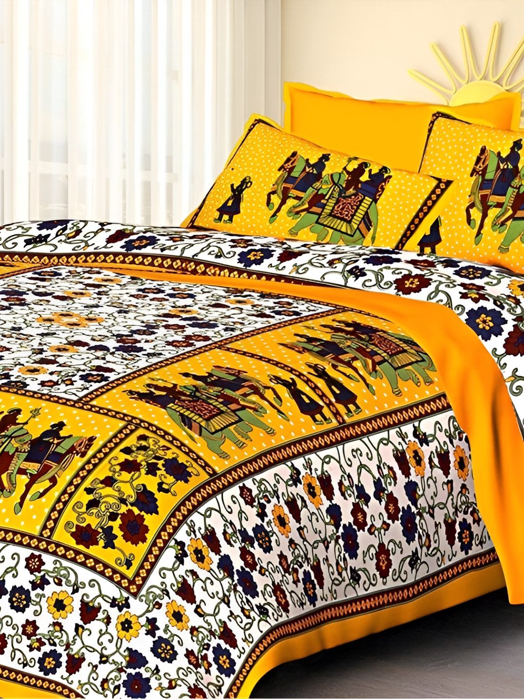 

Sohibe Yellow Printed Pure Cotton Double Bed Cover with Pillow Cover