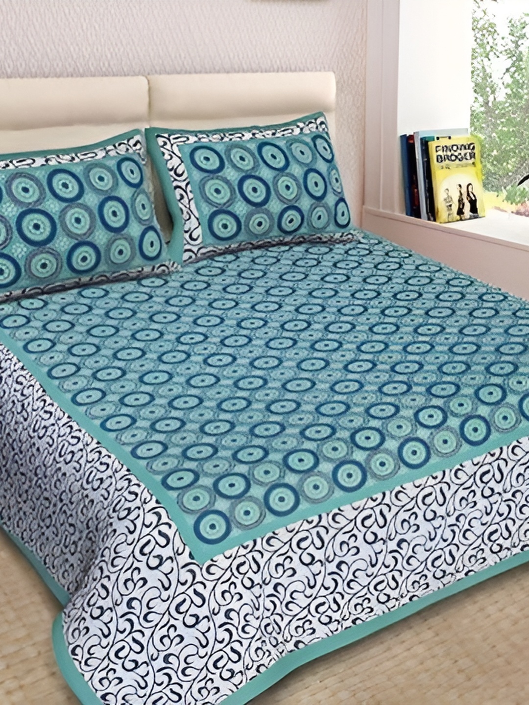 

Sohibe Blue Printed Pure Cotton Double Bed Cover with Pillow Cover