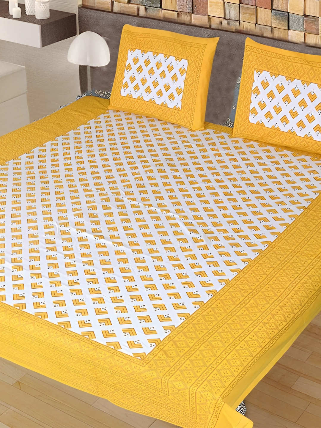

Sohibe Yellow & White Printed Pure Cotton Bedcover With 2 Pillow Set