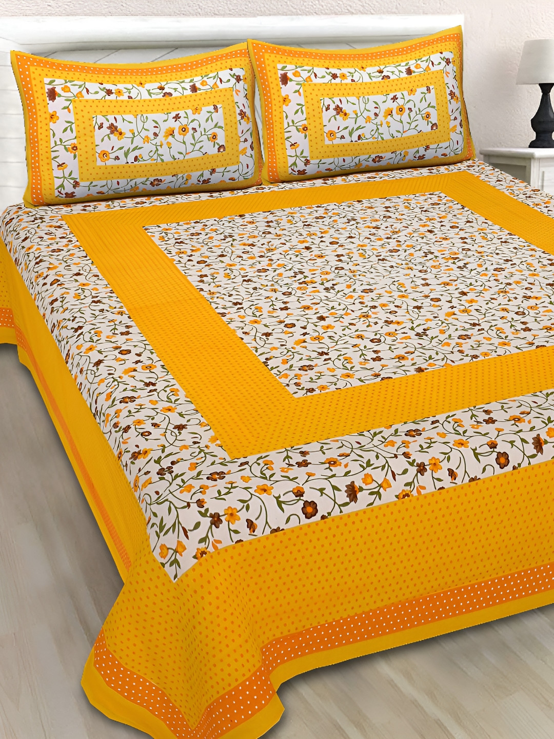 

Sohibe Yellow Printed Pure Cotton Double Bed Cover with Pillow Cover