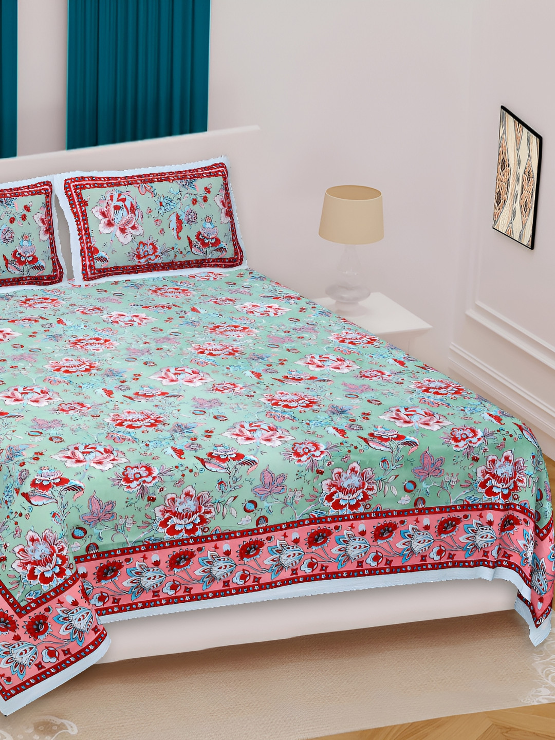 

Sohibe Green Printed Pure Cotton Double Bed Cover with Pillow Cover