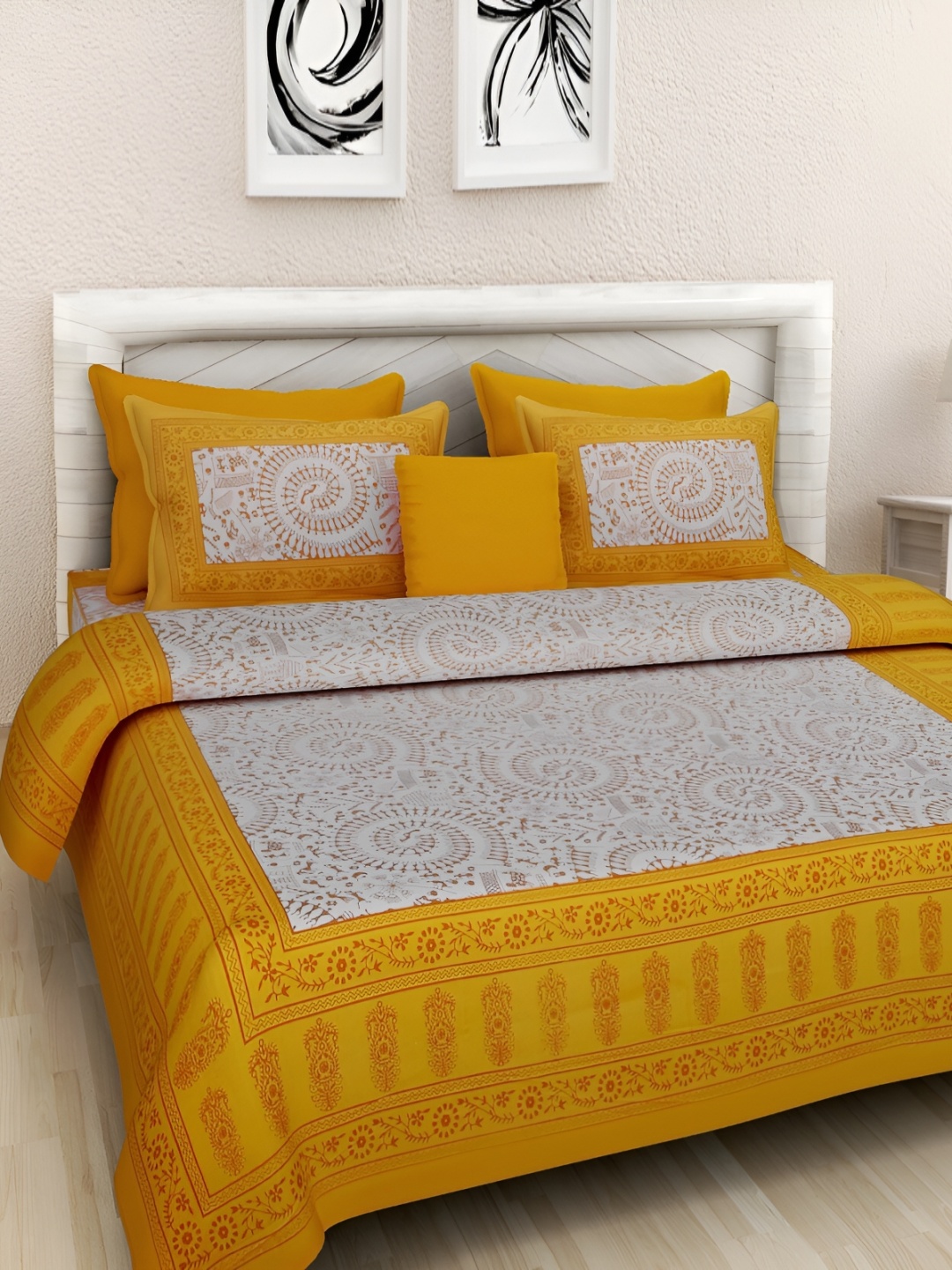 

Sohibe Yellow Printed 180 TC Pure Cotton Double Queen Bedding Set
