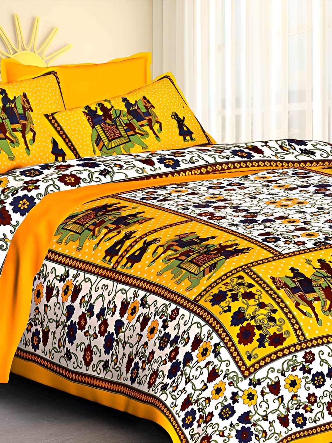 

Sohibe Yellow & White Printed Pure Cotton Bedcover With 2 Pillow Set