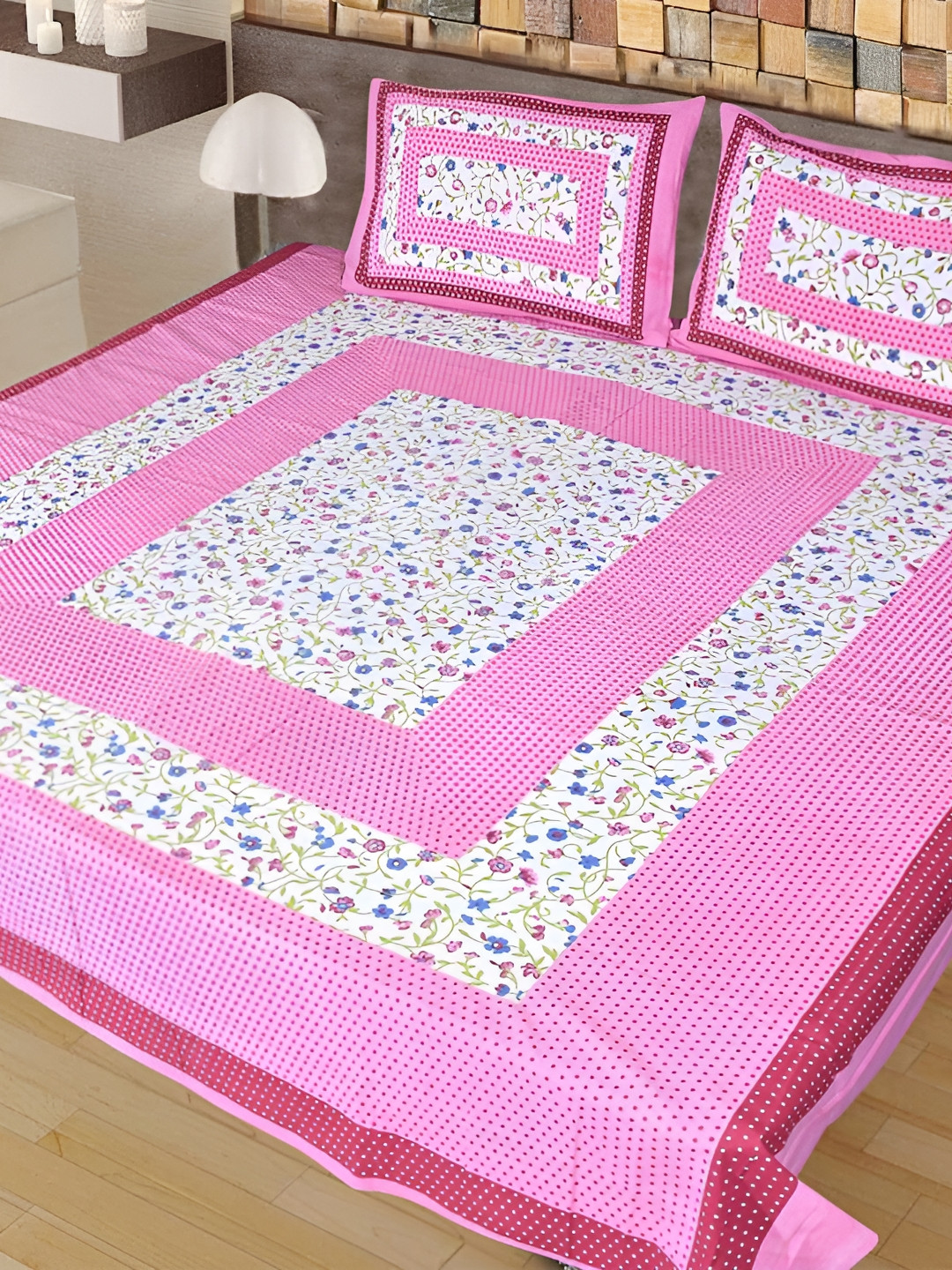 

Sohibe Pink Printed Pure Cotton Double Bed Cover with Pillow Cover
