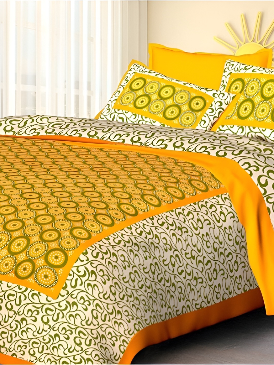 

Sohibe Yellow Printed Pure Cotton Double Bed Cover with Pillow Cover