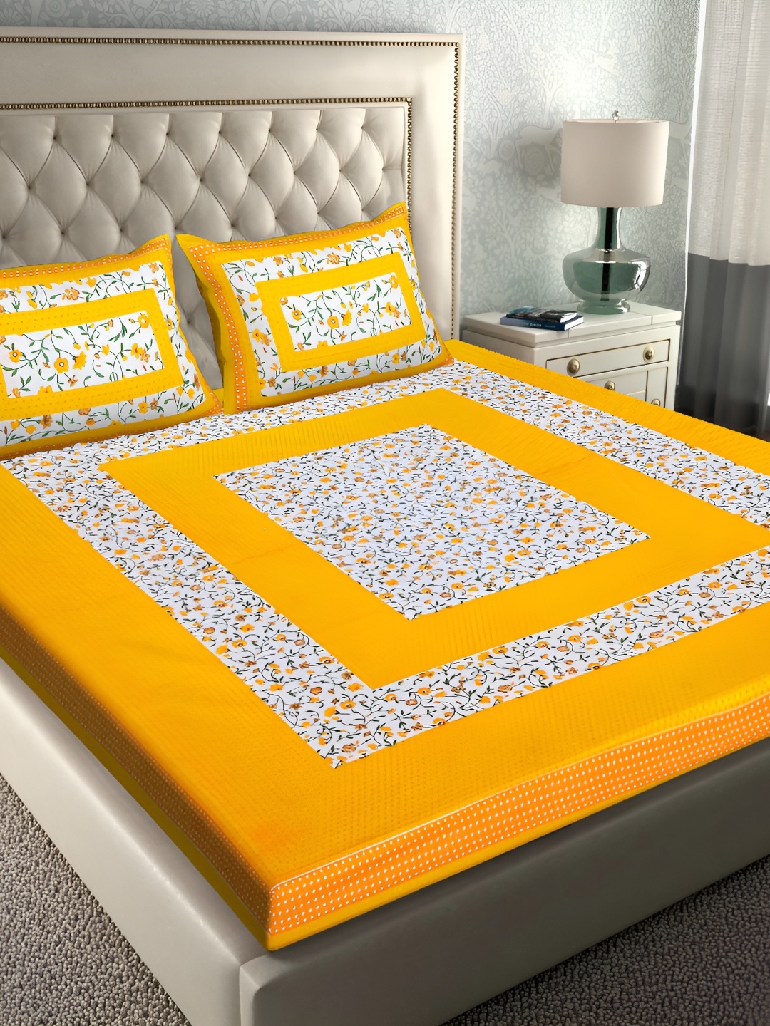 

Sohibe Yellow & White Printed Pure Cotton Bedcover With 2 Pillow Set