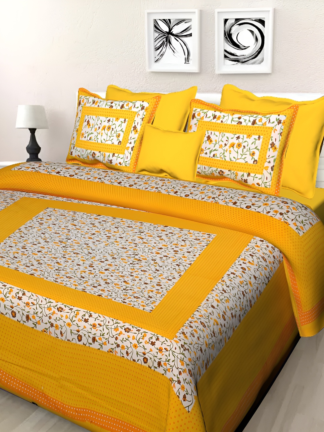 

Sohibe Yellow & White Printed Pure Cotton Bedcover With 2 Pillow Set