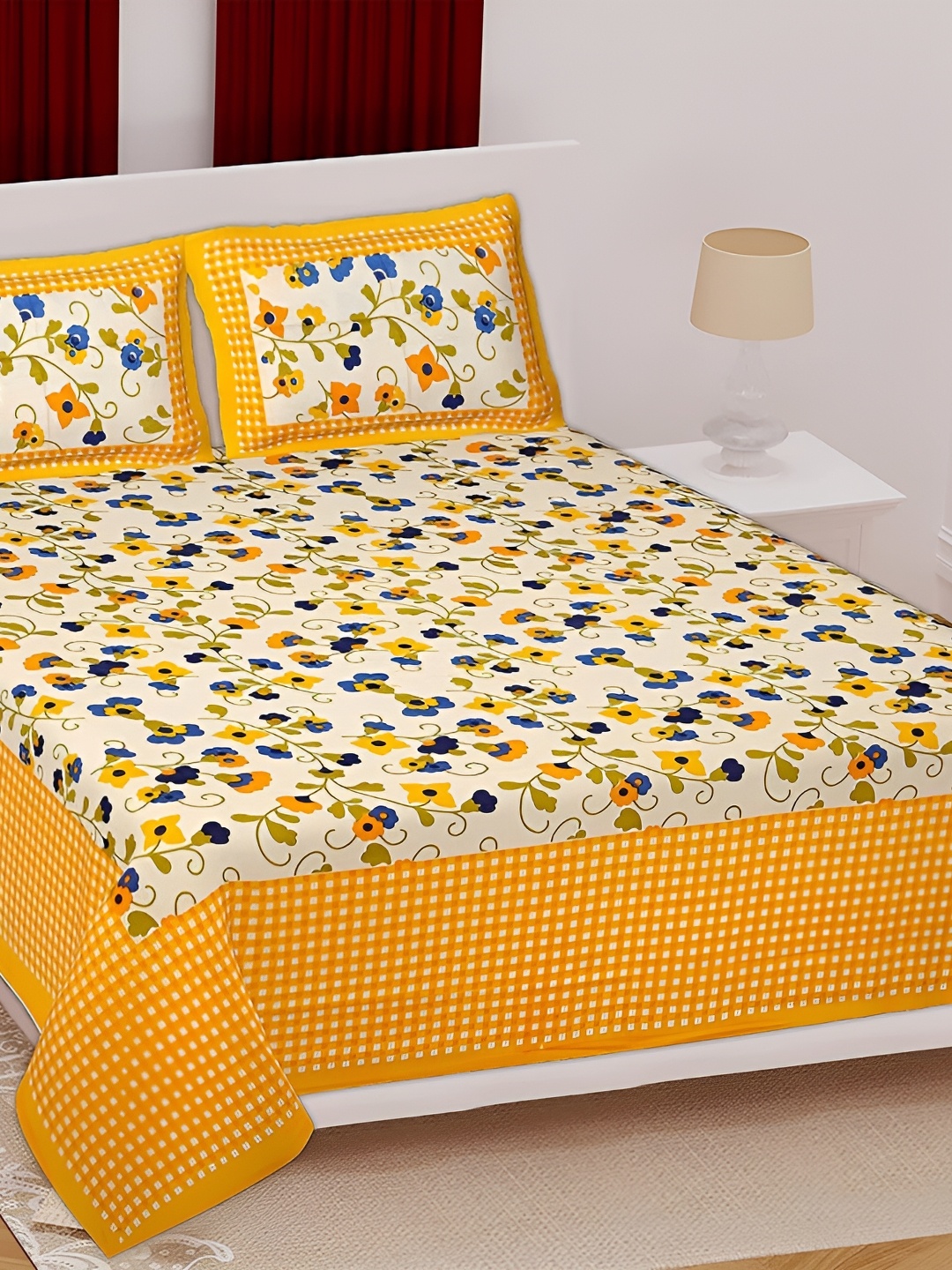 

Sohibe Yellow & White Printed Pure Cotton Bedcover With 2 Pillow Set