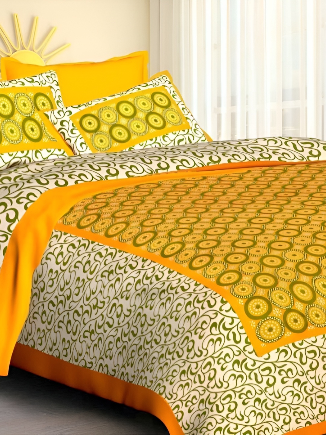 

Sohibe Yellow & White Printed Pure Cotton Bedcover With 2 Pillow Set