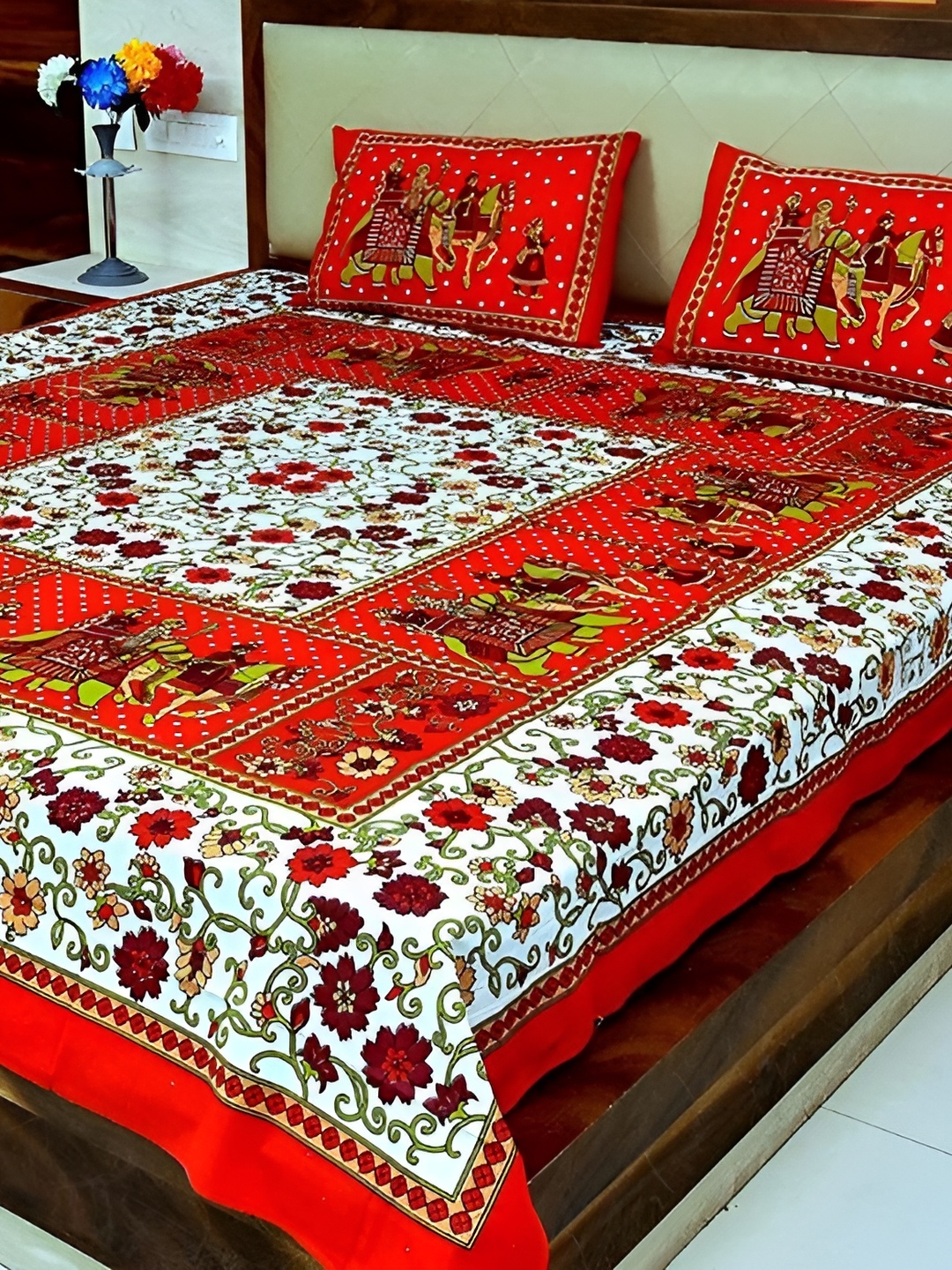 

Sohibe Red Printed 180 TC Pure Cotton Double King Bedding Set