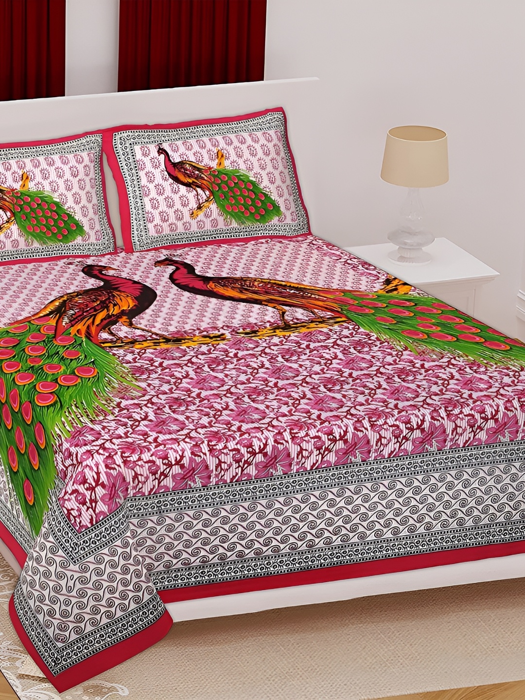 

Sohibe Pink Printed Pure Cotton Double Bed Cover with Pillow Cover