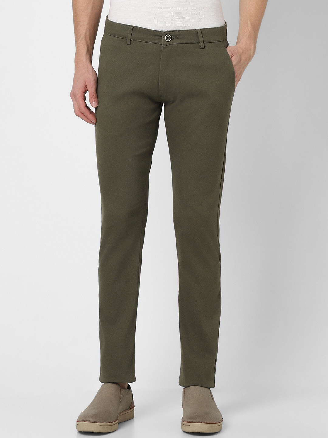 

Peter England Casuals Men Textured Skinny Fit Low-Rise Trousers, Olive