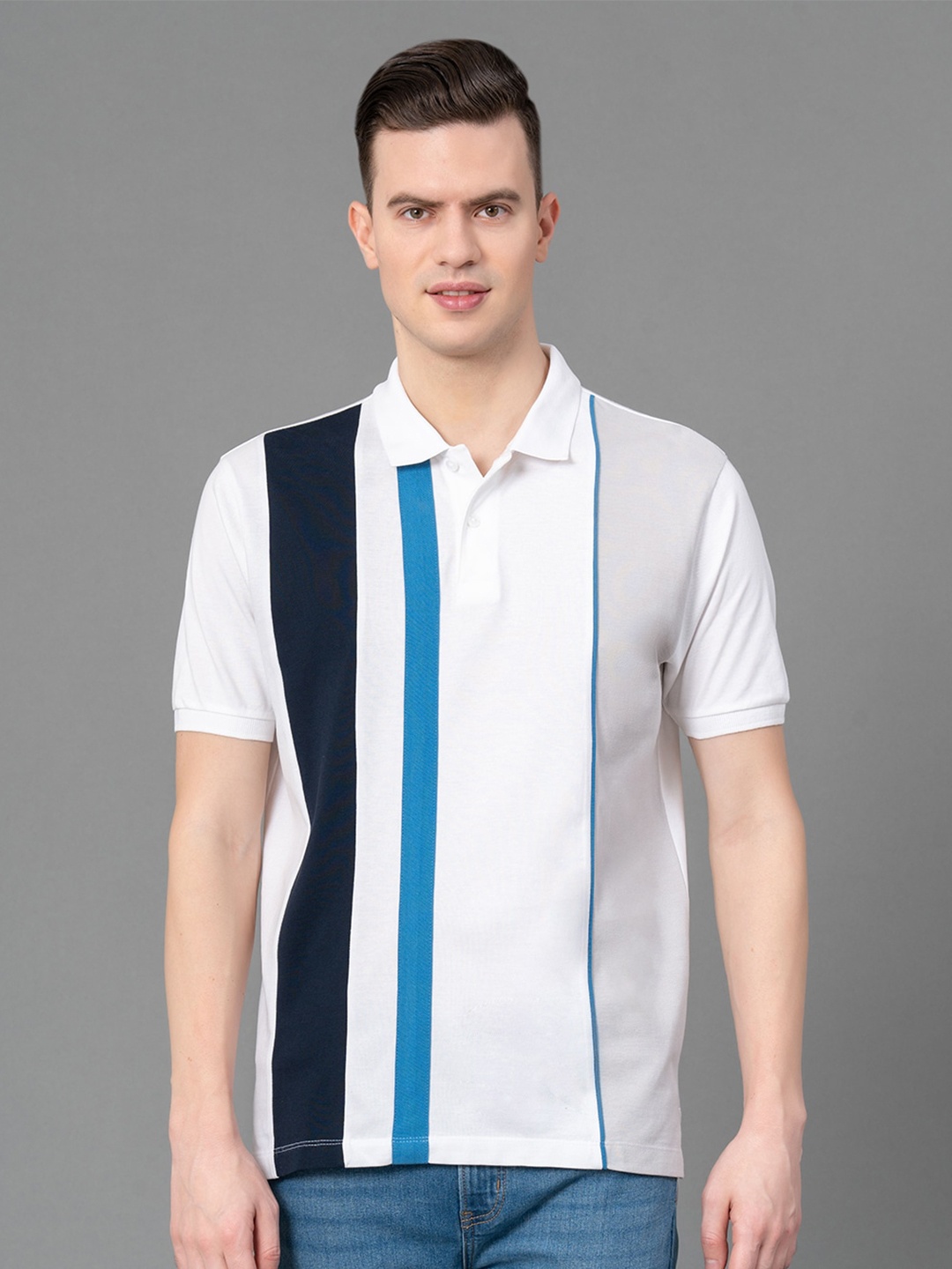

Red Tape Striped Polo Collar Pure Cotton T-shirt, White