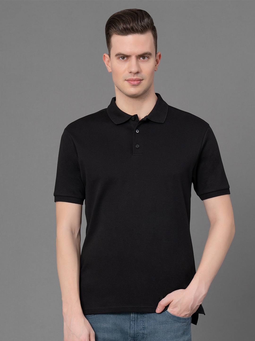 

Red Tape Men Polo Collar Pure Cotton Applique T-shirt, Black