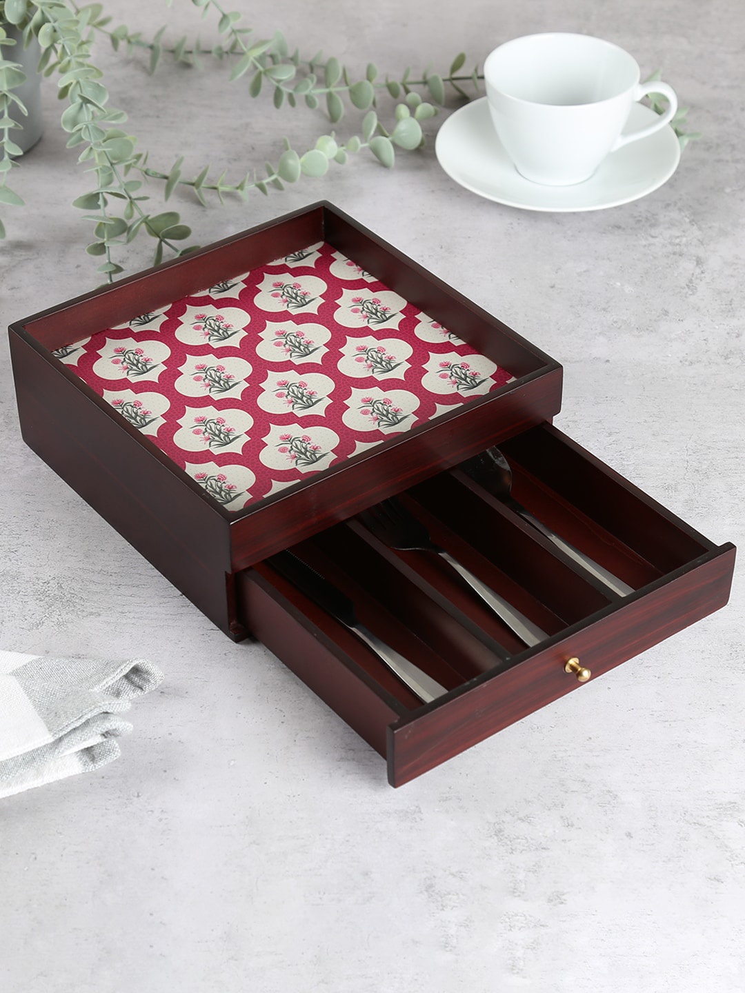 

India Circus by Krsnaa Mehta Red Poppy Flower Scarlet Printed Wooden Cutlery Organizer
