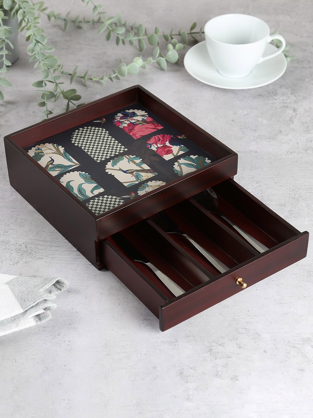 

India Circus by Krsnaa Mehta Black Printed Cutlery Organizer