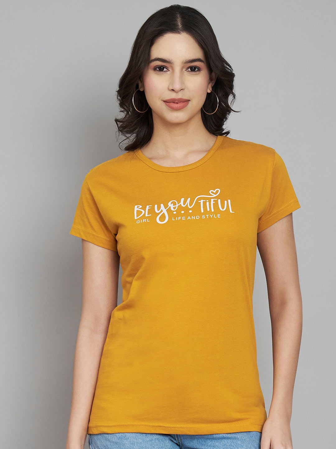 

Trend Level Women Typography Printed Applique T-shirt, Mustard
