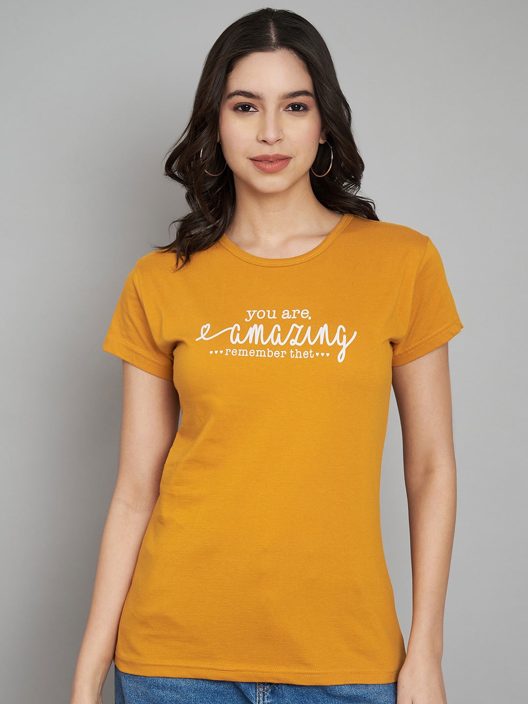 

Trend Level Women Typography Printed Applique T-shirt, Mustard